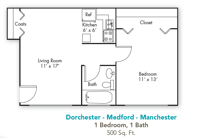 Floor plan for 1 bed, 1 bath, 500 sqft
